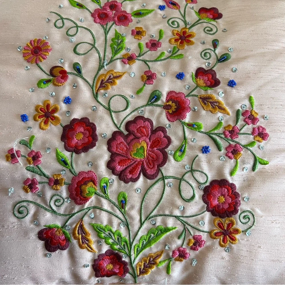 Hand Embroidered Floral Decorative‎ Pillow Pink Silk, Beaded Accents, ITR Brand
